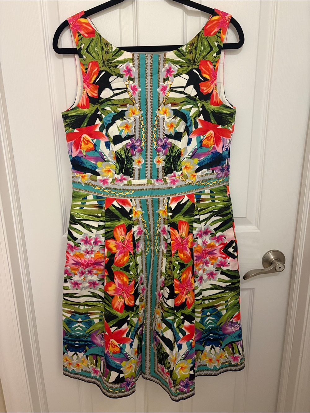 Maggy London Tropical Floral Midi Dress in Pink, Orange, Green and Blue
